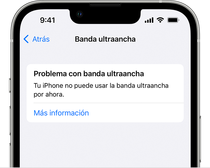 Mensaje de error relativo a la banda ultraancha en un iPhone en el que se informa al usuario que el iPhone no puede usar la banda ultraancha.