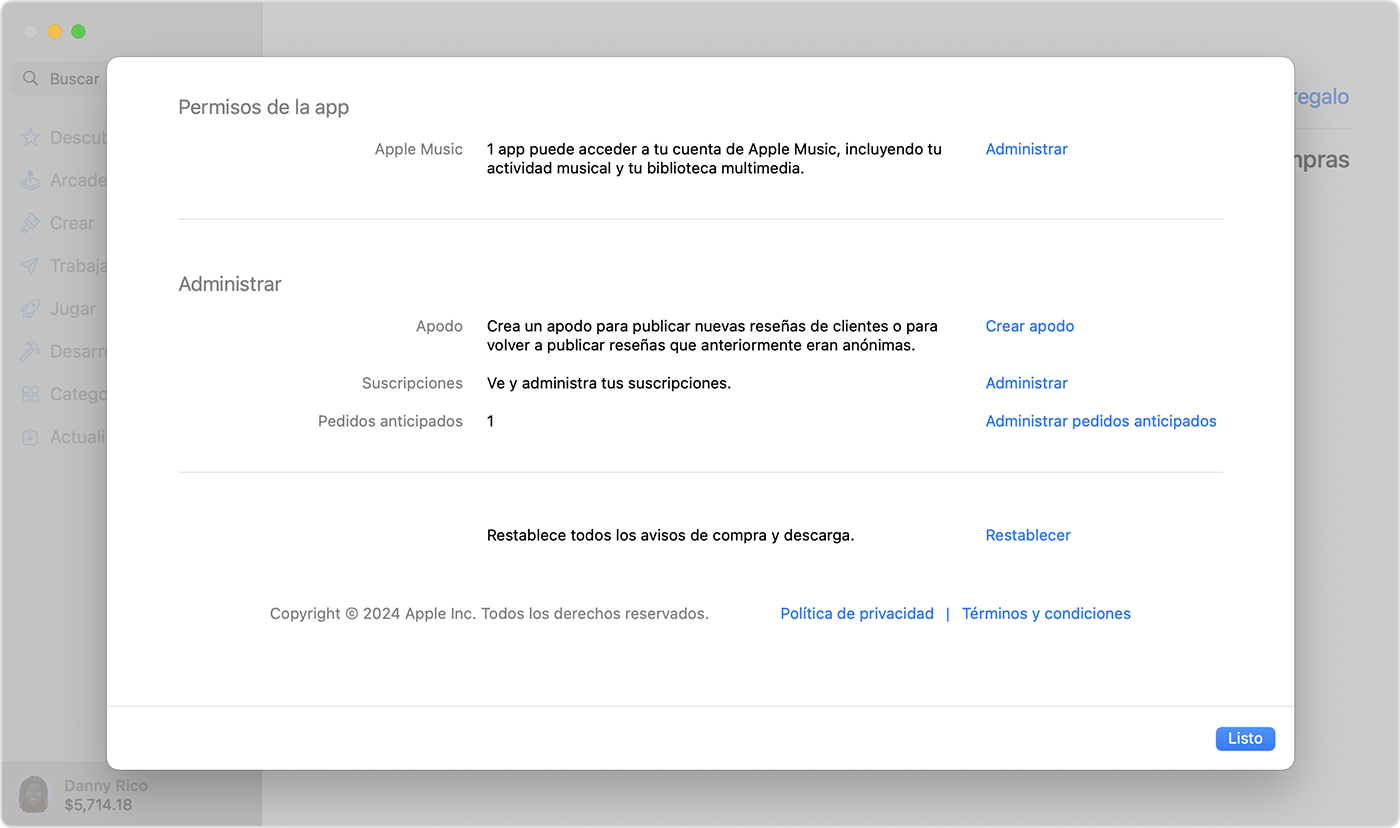 App Store en la Mac en la que se muestran los Pedidos anticipados en Configuración de la cuenta