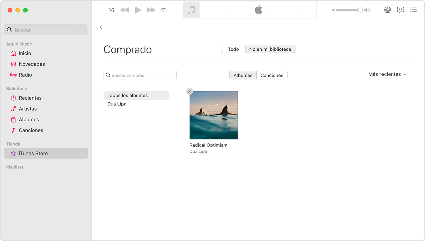 La app Apple Music para Mac muestra el botón Ocultar compras sobre un artículo comprado