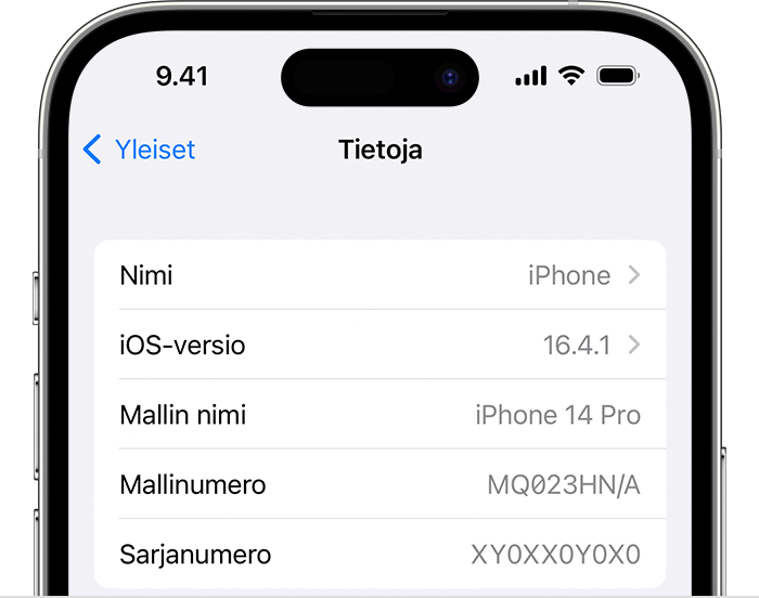 iPhonen Tietoja-näyttö.