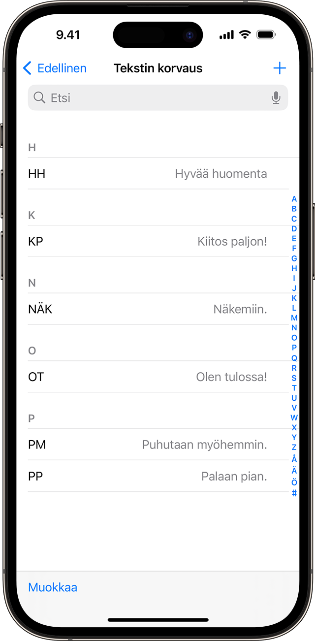 Luettelo tekstioikoteistä, jotka on otettu käyttöön iPhonessa.