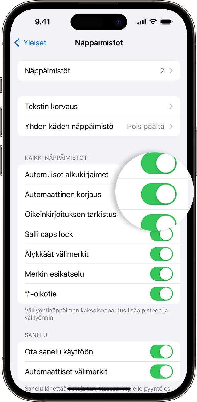 iPhonen näyttö, jossa näkyy, miten Automaattinen korjaus voidaan ottaa käyttöön.