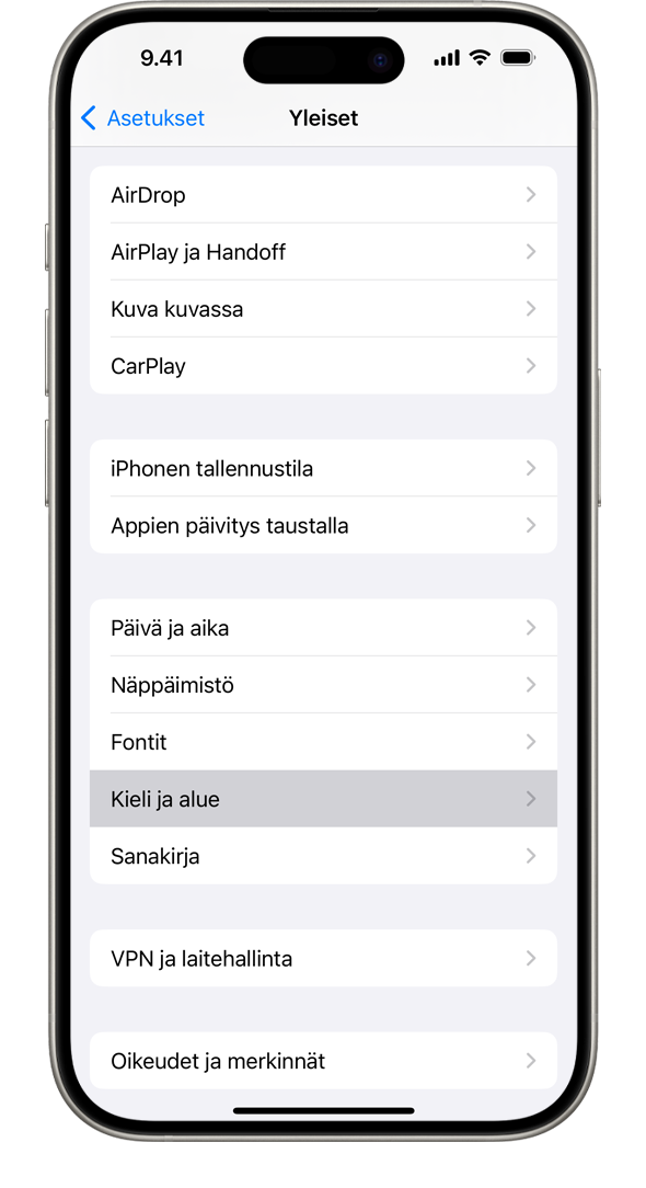 iPhone, jossa näkyy Yleiset-asetusvalikko. Kieli ja alue -valinta näkyy korostettuna.