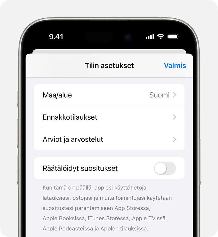 iPhone, jossa Tiliasetuksissa näkyy Ennakkotilaukset