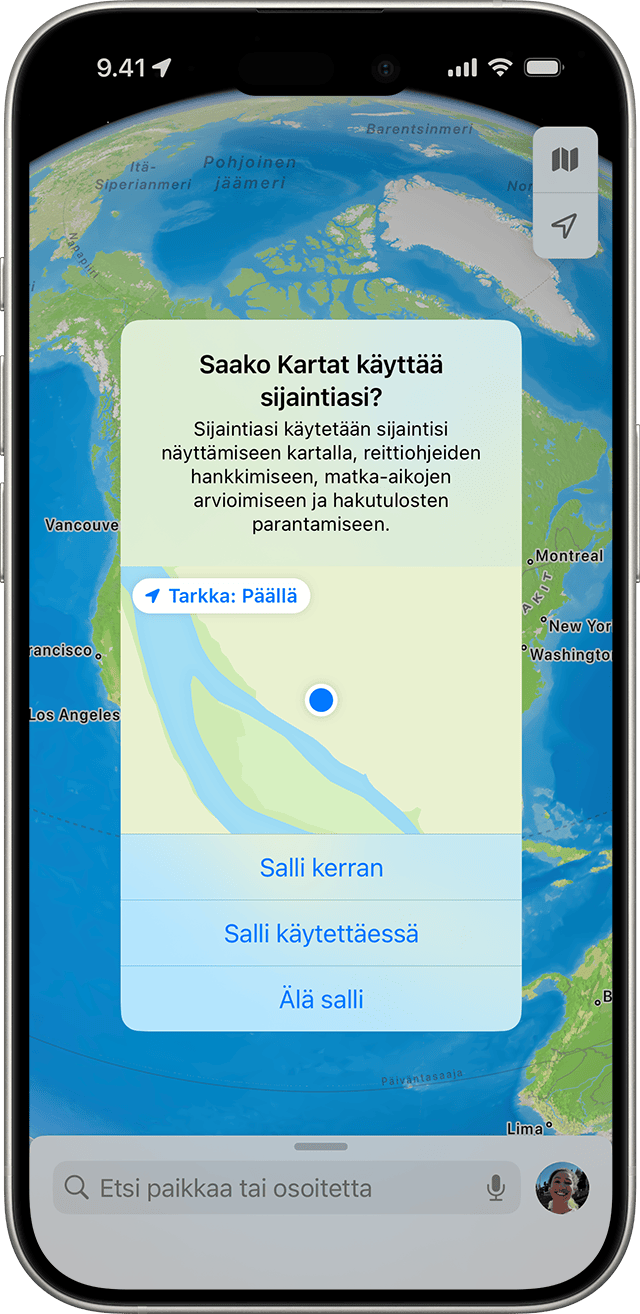 Appi pyytää sijainnin käyttöoikeutta, kun käytät appia iPhonessa