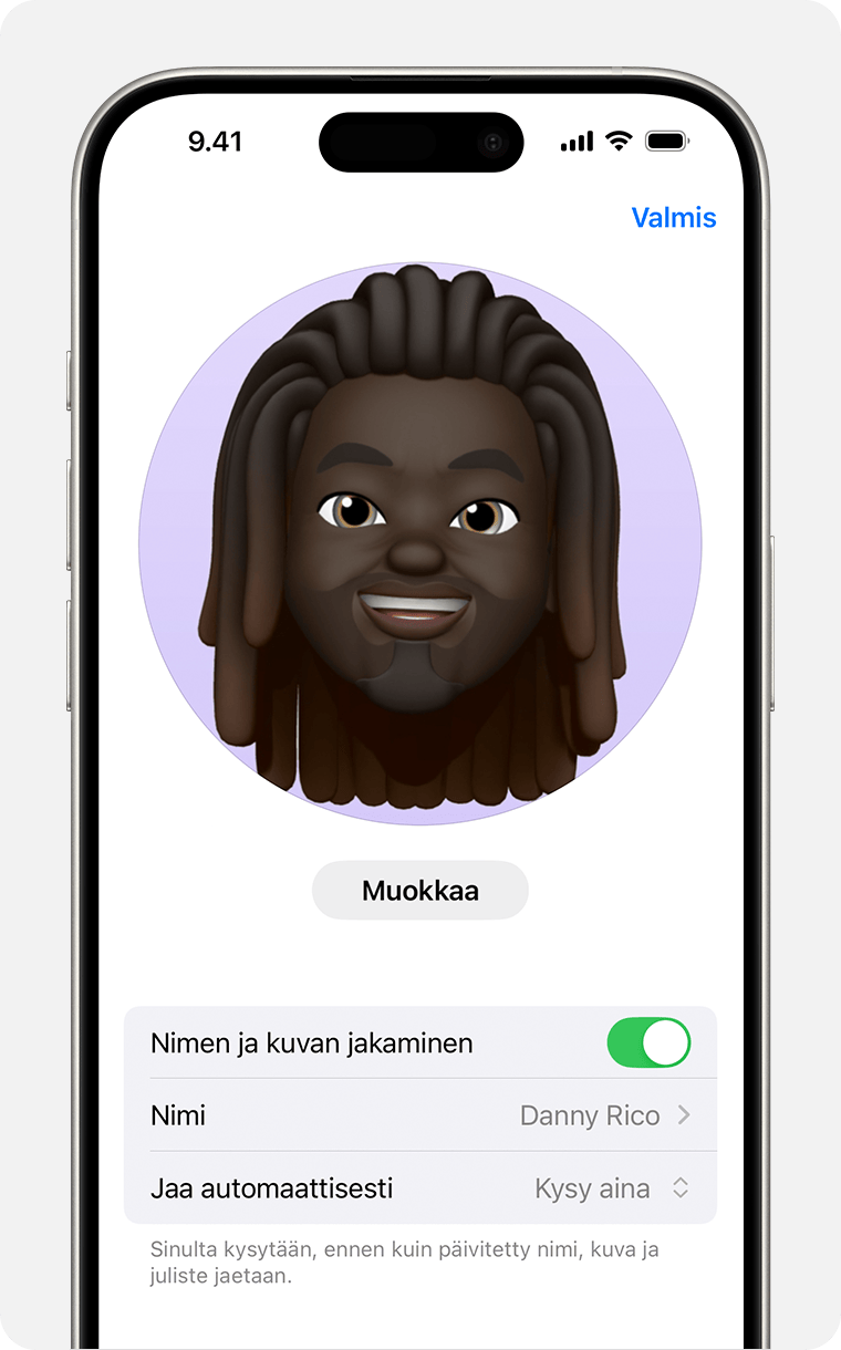 Voit valita Viesteissä nimen ja kuvan, jotka jaat keskusteluissa. 