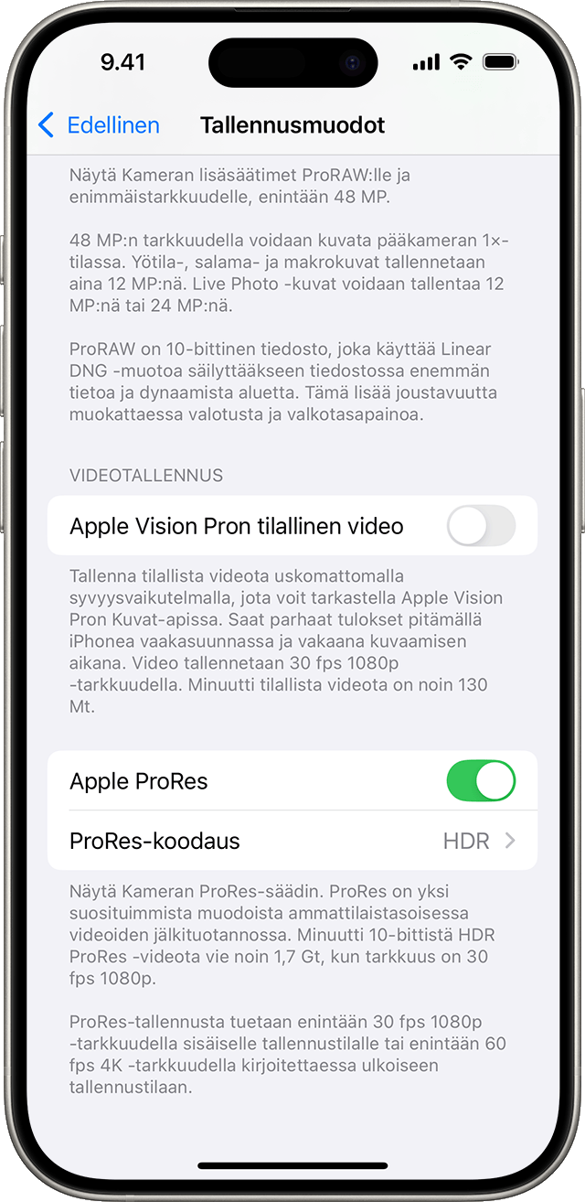 iPhonessa näkyy Kameran tallennusmuotojen asetukset