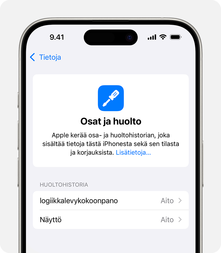 Osa- ja huoltohistoria -näyttö, jossa on kaksi Aito Apple-osa -viestiä