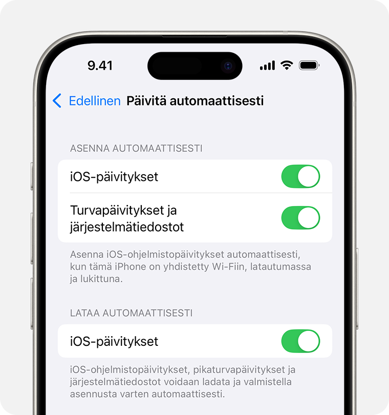 iPhone, jossa näkyy Automaattiset päivitykset ‑näyttö