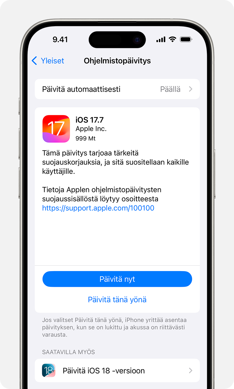 iPhone, jossa näkyy ohjelmistopäivitysnäyttö. Valittuna on vaihtoehto Päivitä nyt.