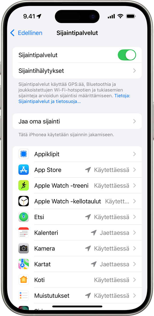 Sijaintipalvelut-asetus iPhonessa