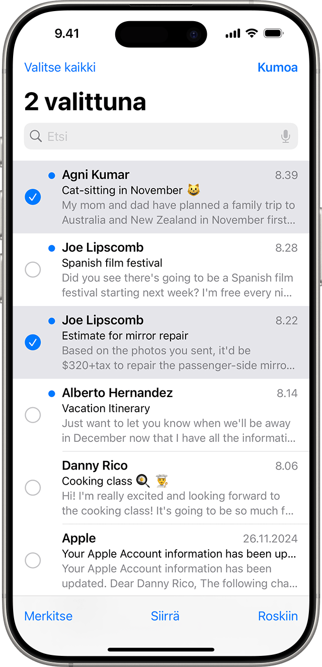 iOS:n Mail-apissa voit poistaa useita sähköpostiviestejä kerralla.