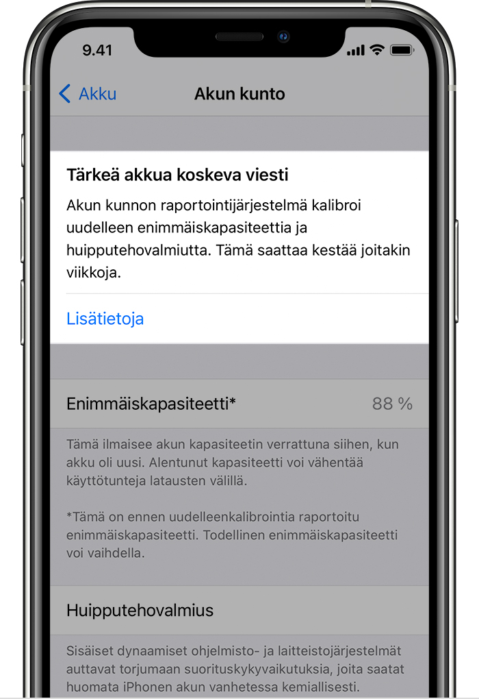 iPhone, jossa näkyy akun uudelleenkalibroinnin Tärkeä akkua koskeva viesti