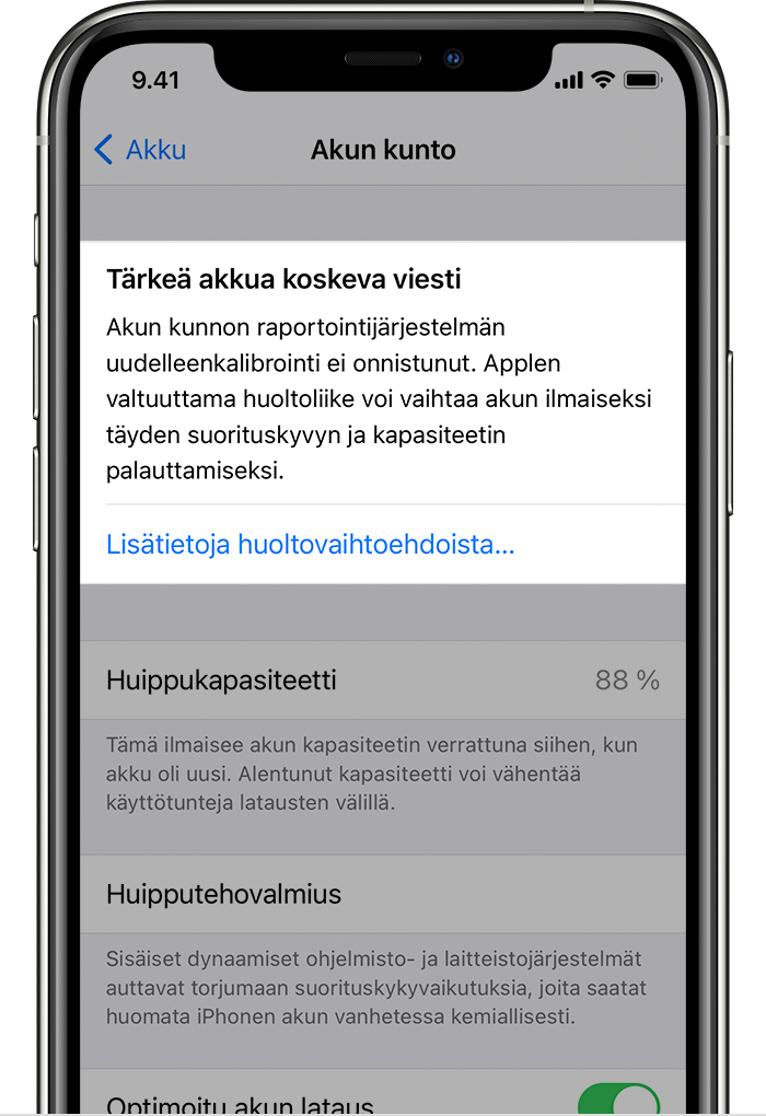 iPhone, jossa näkyy Tärkeä akkua koskeva viesti, kun akun kunnon raportointijärjestelmän uudelleenkalibrointi ei onnistunut