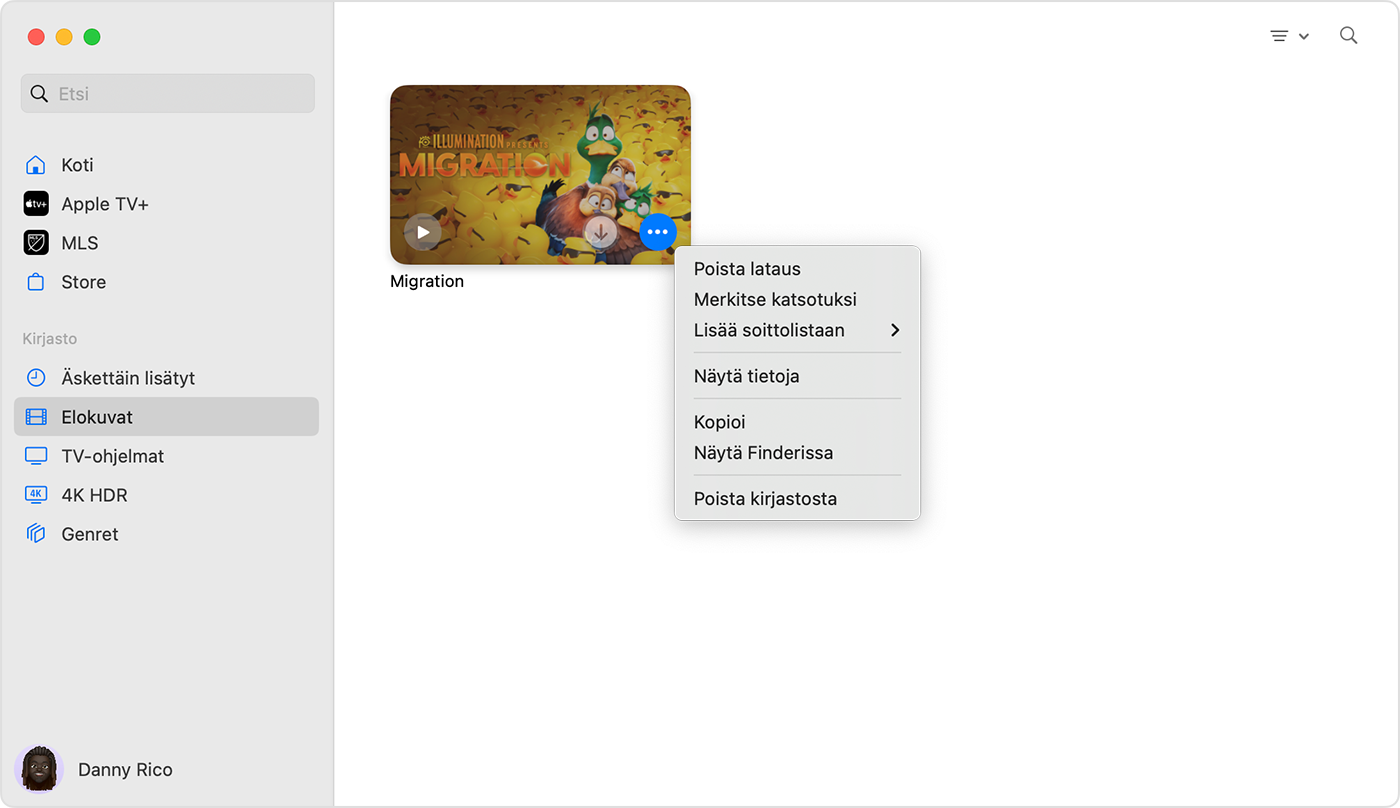 Macin Apple TV -appi, jossa ostetun kohteen yläpuolella näkyy Lisää-painikkeen valikko