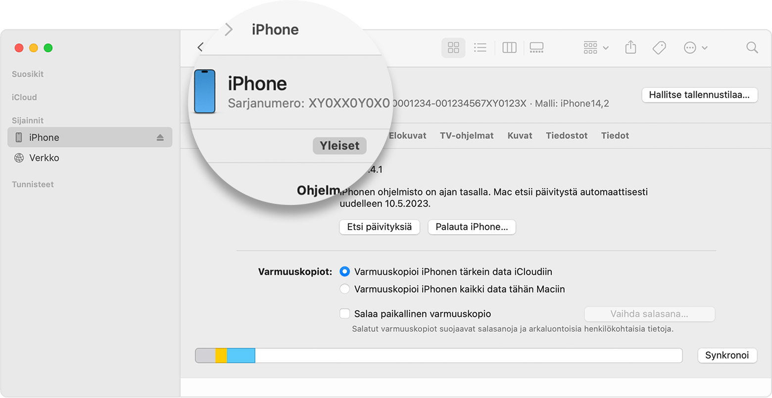 Näyttökuva Finder-ikkunasta, jossa on iPhonen sarjanumero