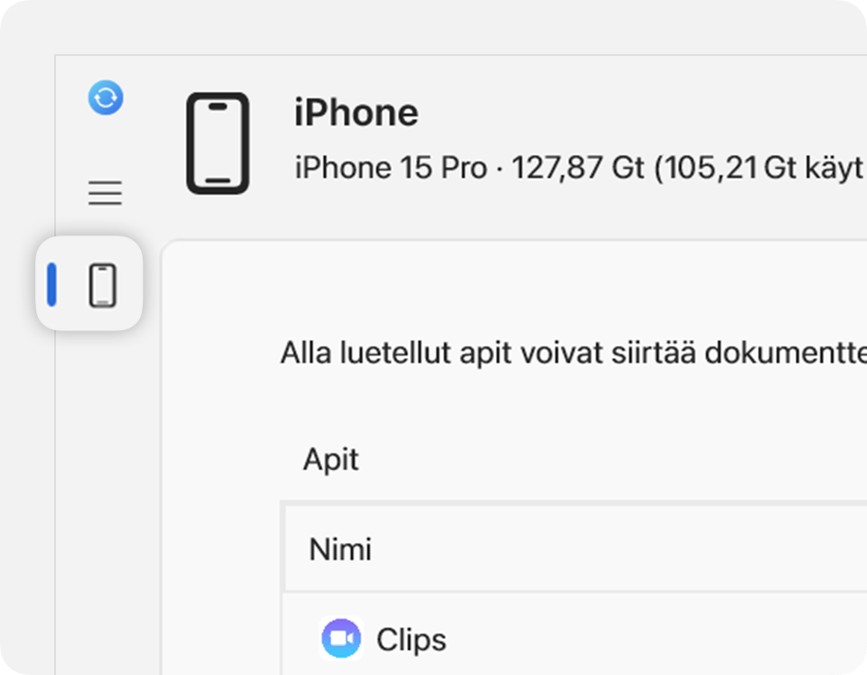 Apple Devices -appi, jonka sivupalkissa näkyy liitetty laite