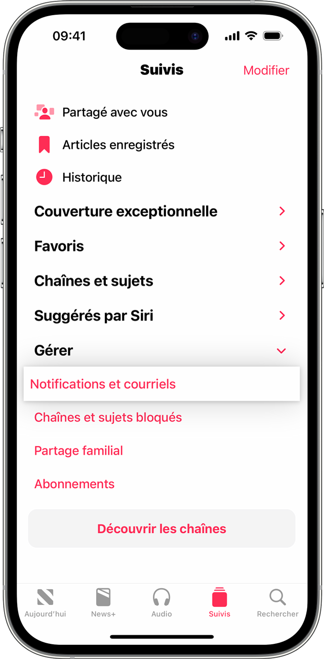 Notifications et Courriels dans l’onglet Suivis sur iPhone