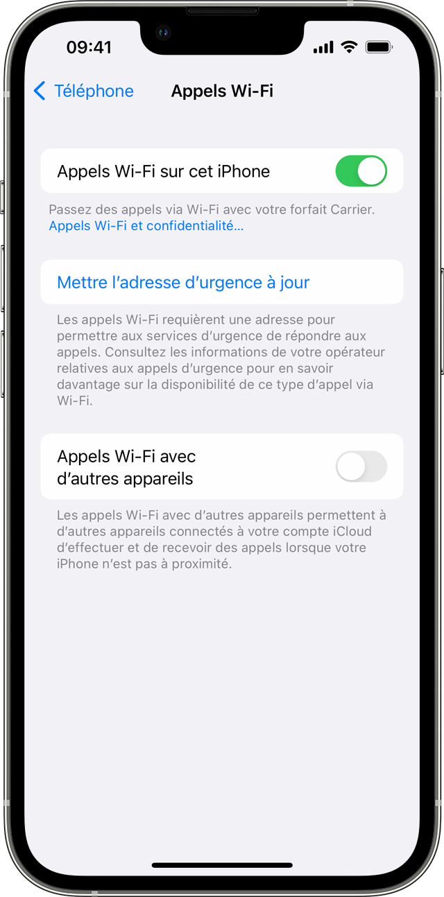 Un iPhone montrant l’écran d’appels Wi-Fi, avec la fonctionnalité d’appels Wi-Fi activée.