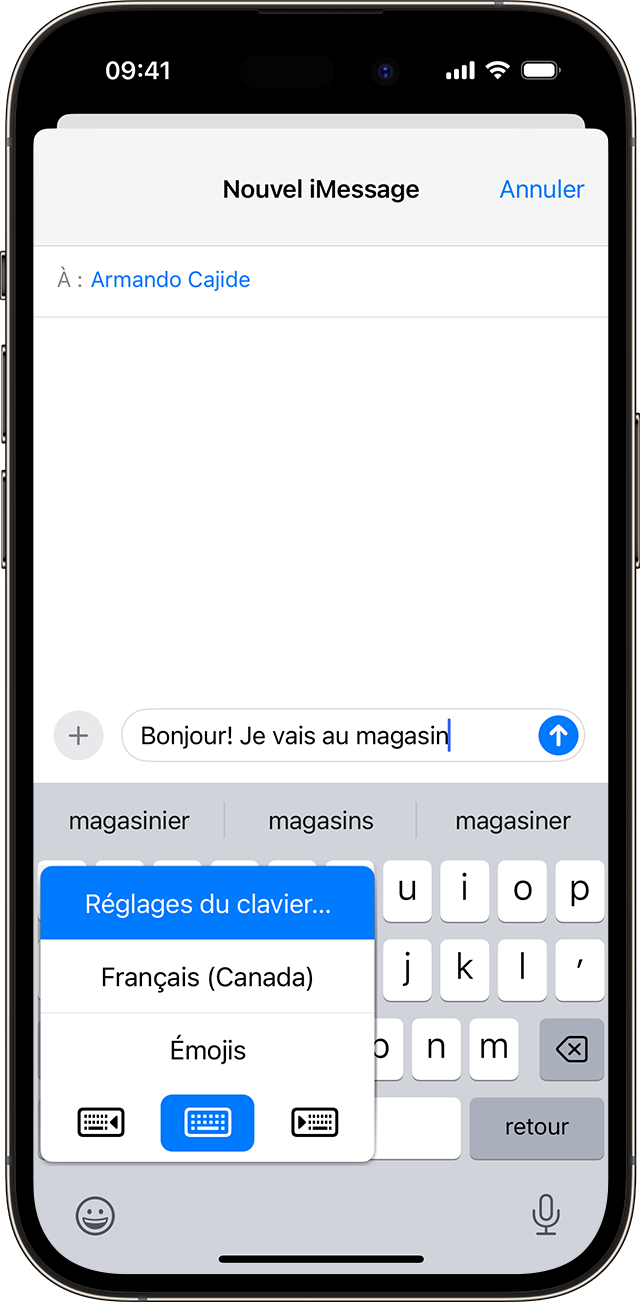 Écran de l’iPhone affichant les réglages du clavier pour la saisie prédictive.