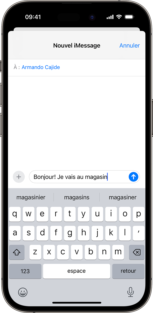 Écran d’iPhone affichant la saisie prédictive lorsque vous saisissez un mot dans Messages.