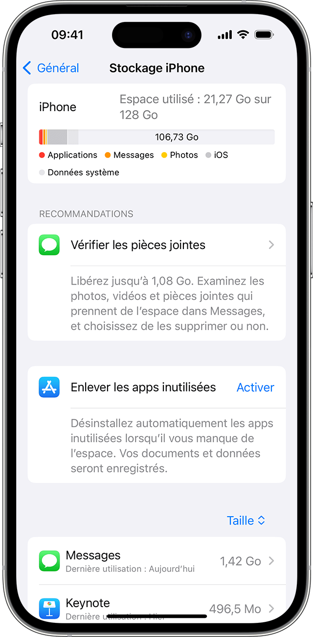 Un écran d’iPhone affichant des recommandations pour libérer de l’espace sur votre appareil