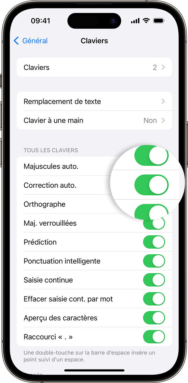 Écran d’iPhone indiquant comment activer la correction automatique.