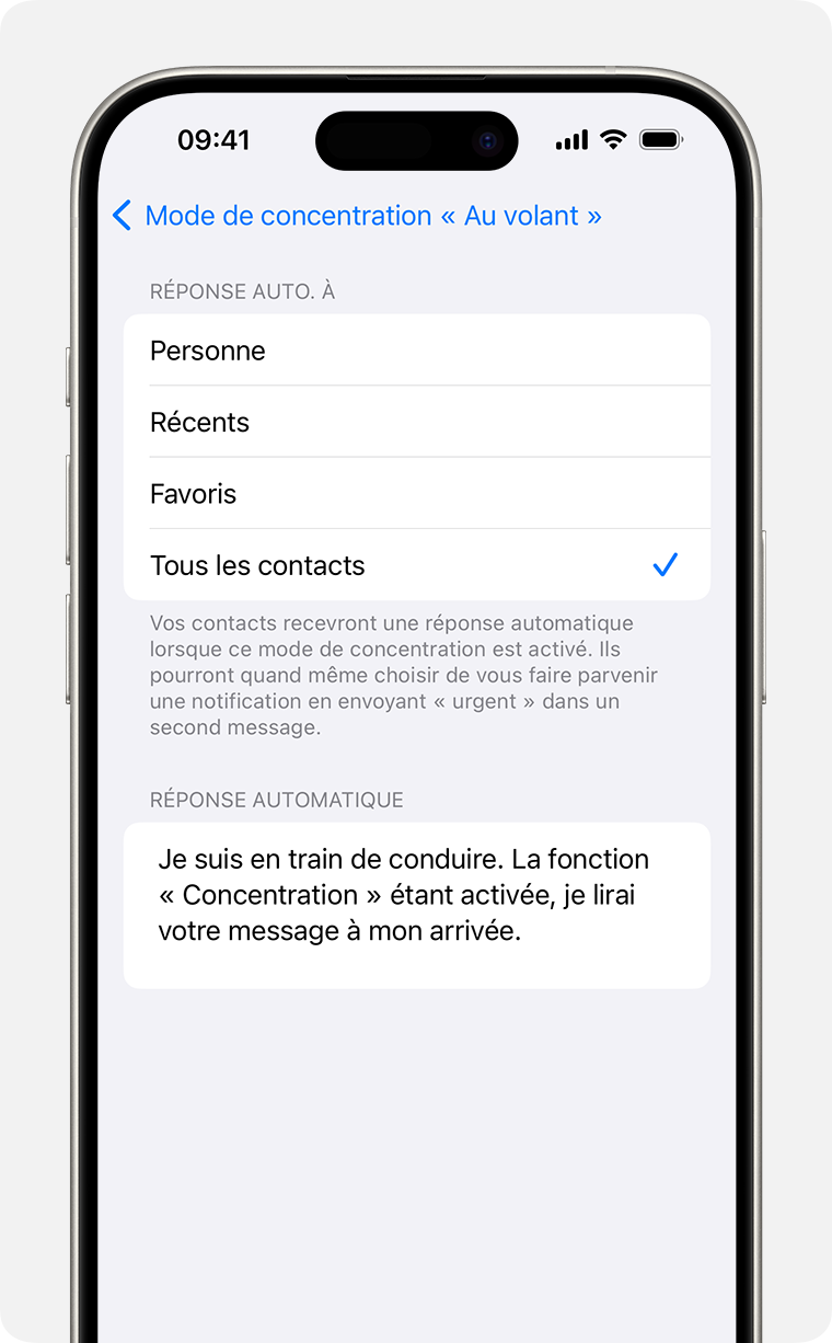 Réglages des réponses automatiques pour le mode de concentration Conduite sous Réglages > Concentration > Réponse automatique