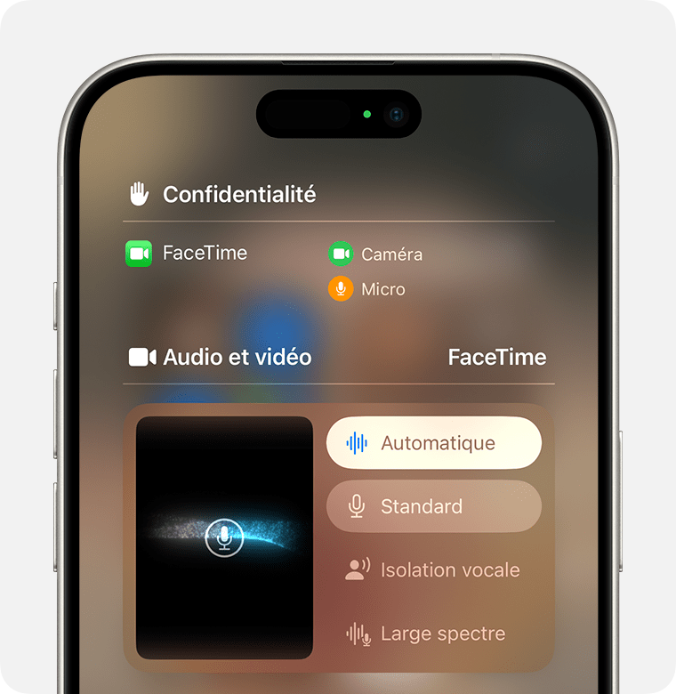 iPhone qui affiche les commandes audio FaceTime du centre de contrôle. Le mode micro automatique est sélectionné sous Audio et vidéo.