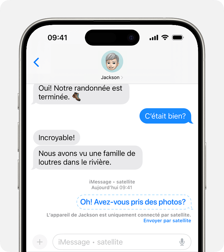 Pour envoyer un iMessage à une personne sans couverture cellulaire ou Wi-Fi, touchez Envoyer par satellite.