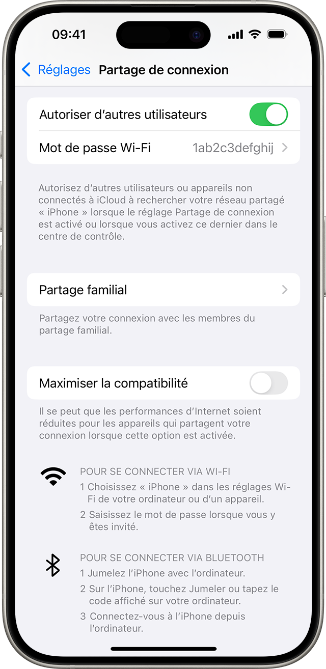 Écran d’iPhone affichant les réglages de partage de connexion