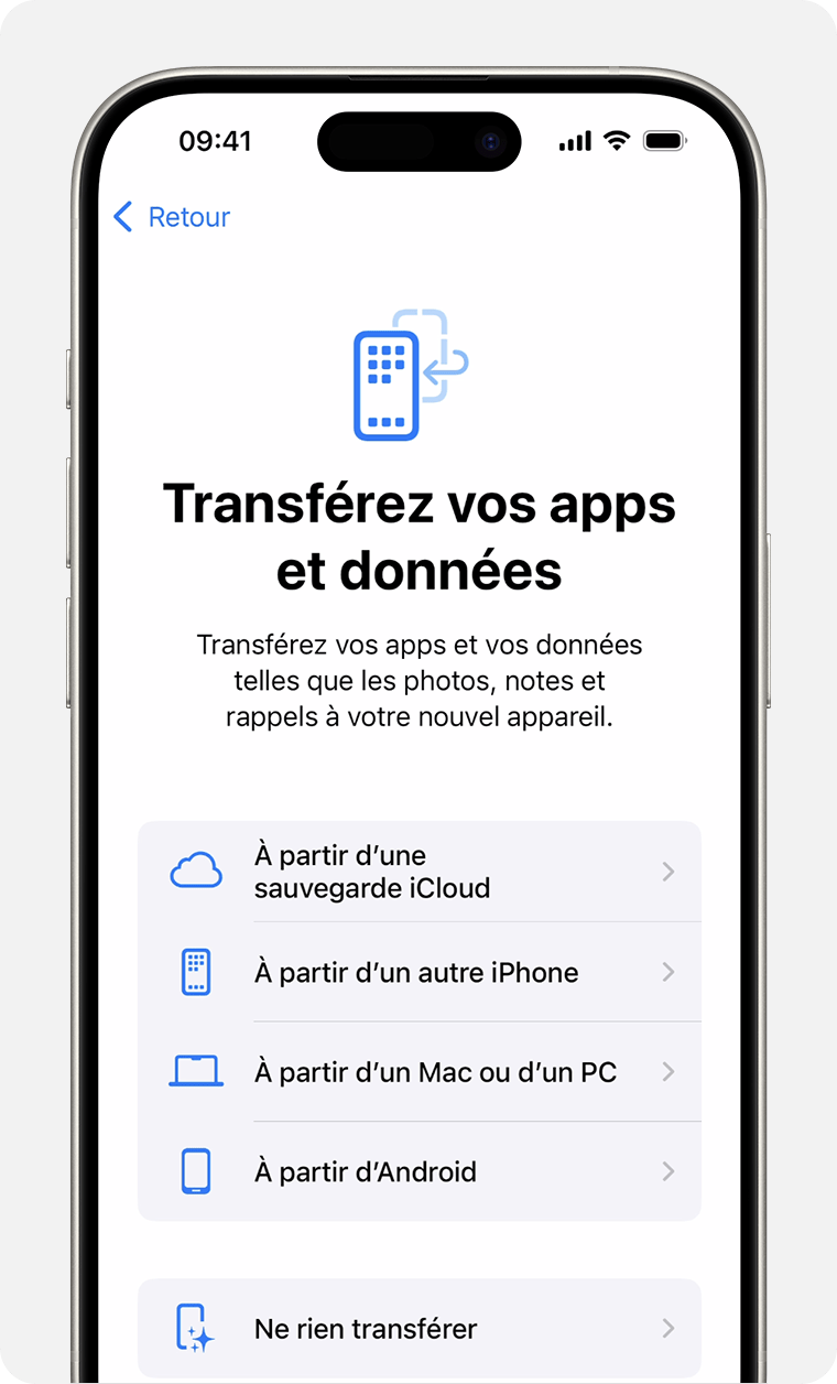 Un iPhone affichant les options de transférer vos apps et données