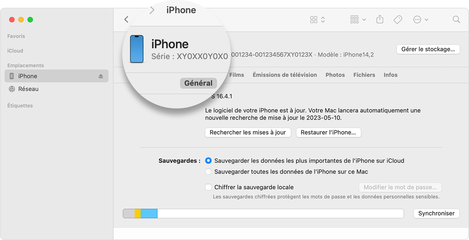 Capture d’écran de la fenêtre du Finder affichant le numéro de série d’un iPhone