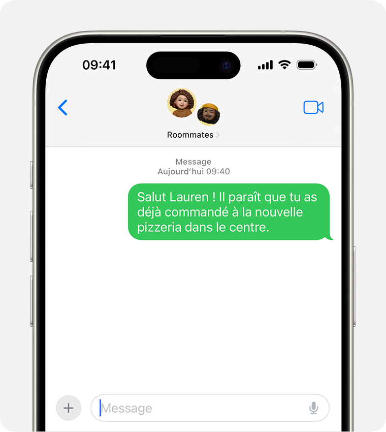 Message MMS collectif envoyé depuis un appareil autre qu’un iPhone et affiché dans une bulle de couleur verte.