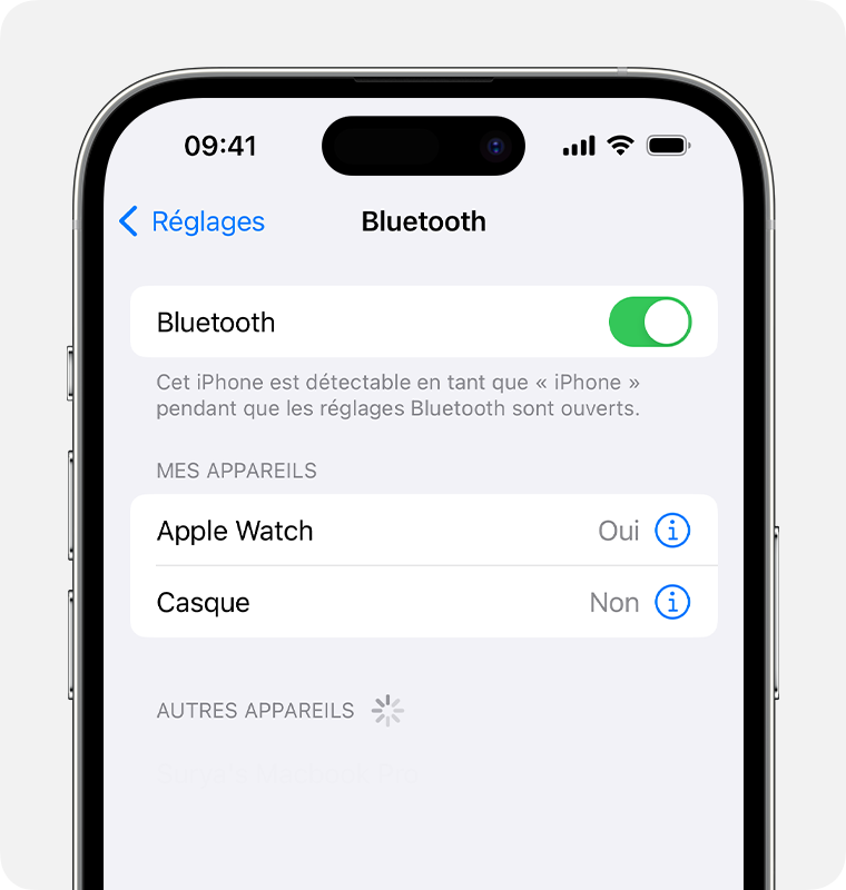 iPhone affichant le menu Bluetooth dans Réglages.