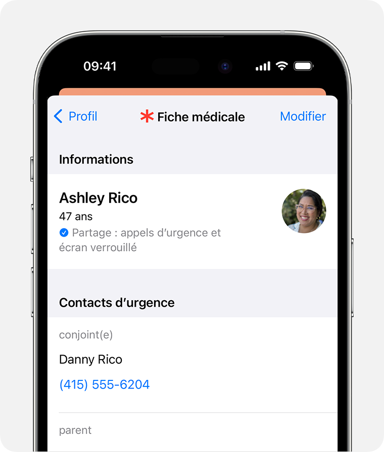 Configurez votre fiche médicale pour partager des informations de santé avec les intervenants d’urgence.