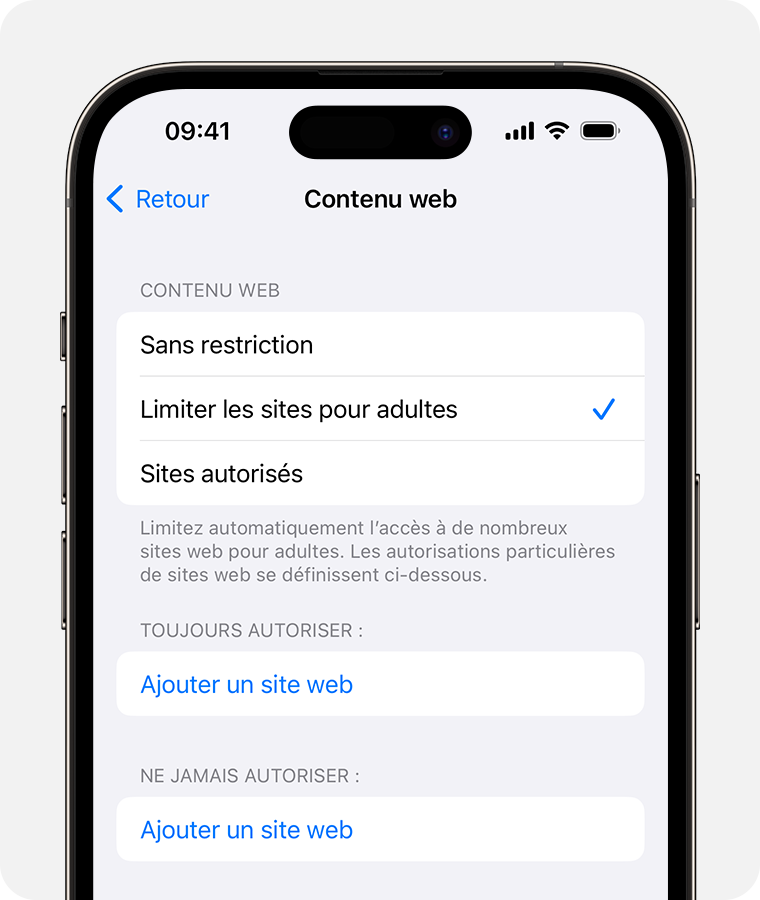 Écran d’iPhone présentant les options de contenu web pour le contrôle parental