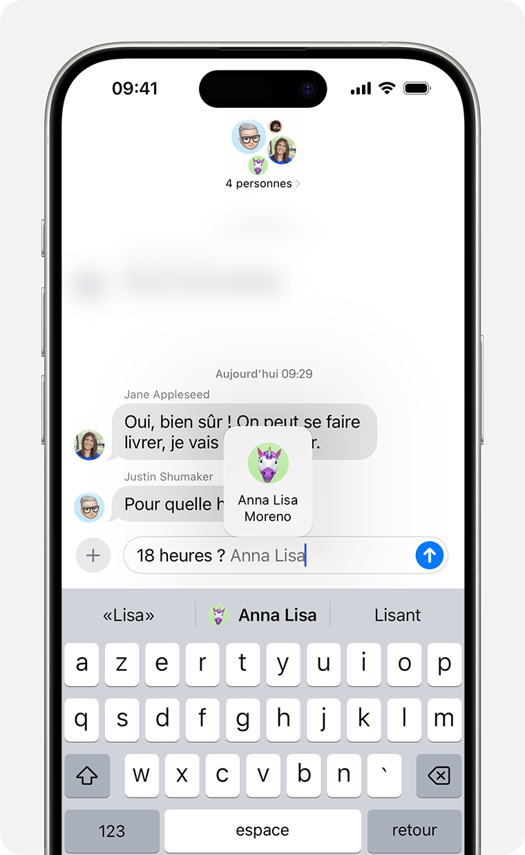 iPhone montrant comment envoyer une mention dans un message. Saisissez @ suivi du nom de la personne.