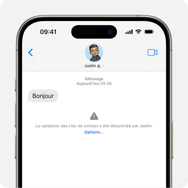 Dans les conversations iMessage, une alerte s’affiche si votre contact désactive la validation des clés de contact iMessage.