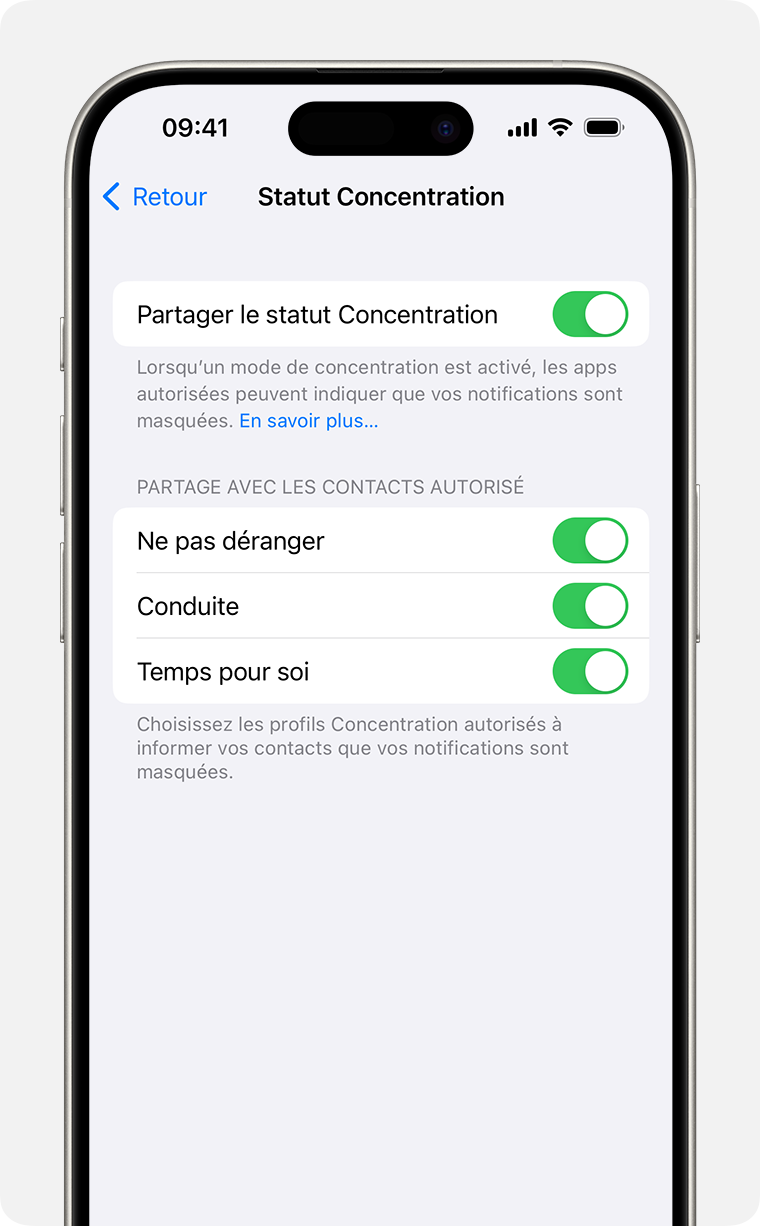 Réglages de partage du statut Concentration sous Réglages > Concentration > Statut Concentration