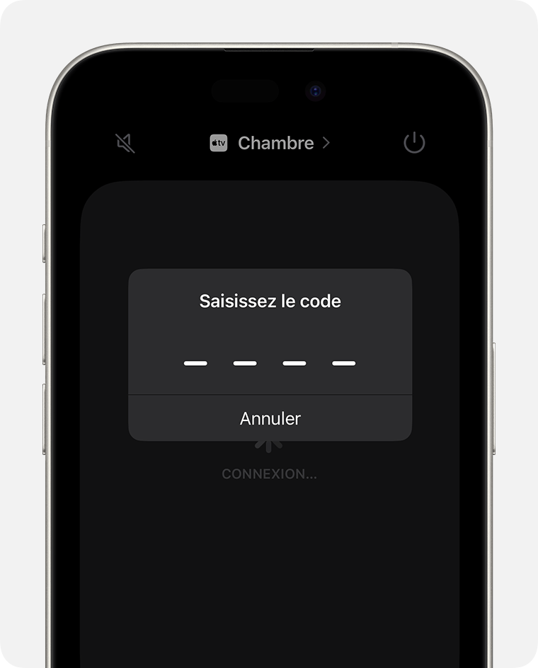 La fenêtre Saisissez le code apparaît sur l’écran Apple TV Remote sur l’iPhone