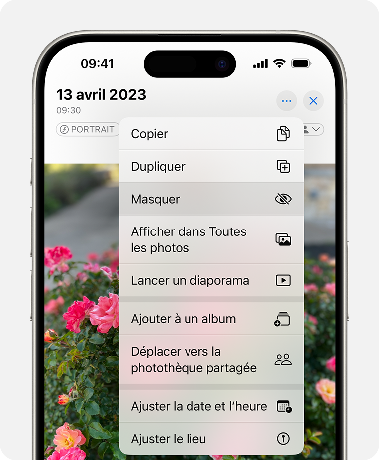 Menu déroulant mettant en surbrillance la fonctionnalité Masquer pour une photo.