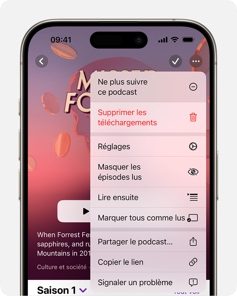 Sur un iPhone, le menu Plus s’affiche sur un podcast après avoir touché le bouton Plus en haut à droite de l’écran. Le bouton Plus se présente sous la forme d’un cercle avec des points de suspension. La première option du menu Plus est Ne plus suivre ce podcast.