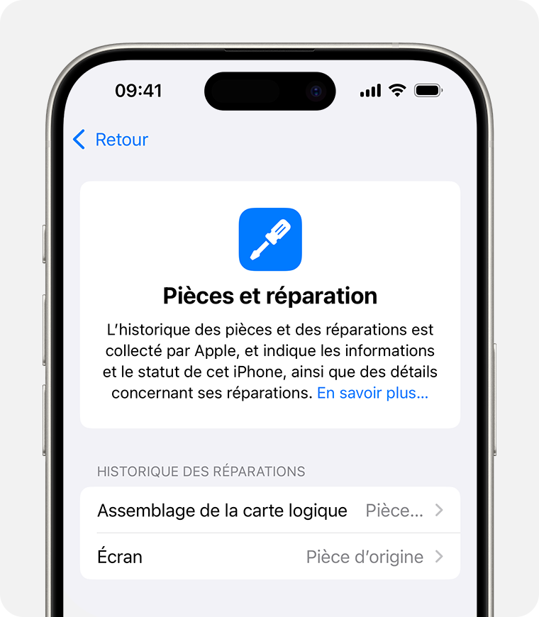 Écran Historique des pièces et des réparations avec deux pièce remplacées par des pièces Apple d’origine