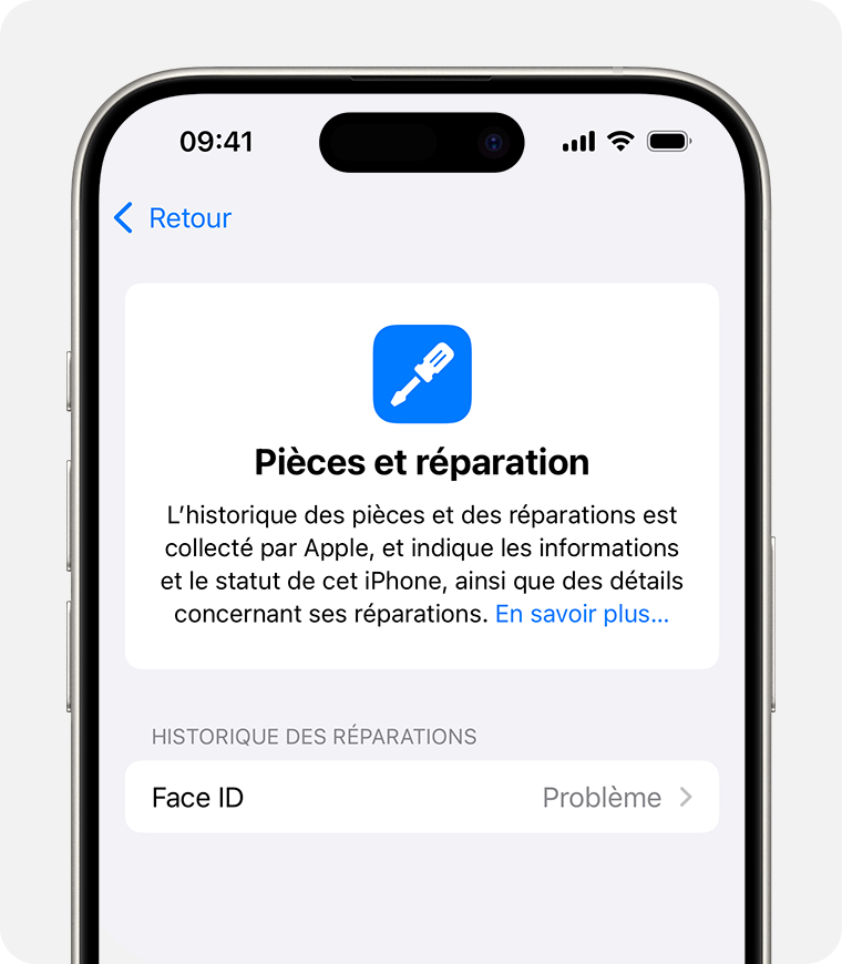 Message signalant un problème avec Face ID dans l’historique des pièces et des réparations.