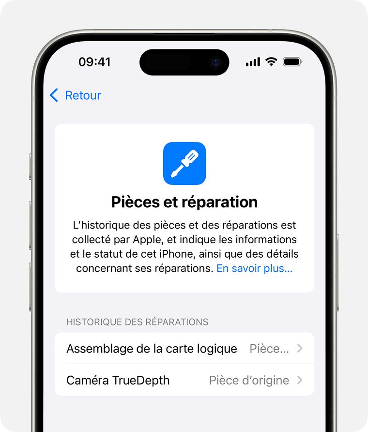 Écran Historique des pièces et des réparations indiquant 2 remplacements de pièces détachées Apple d’origine.