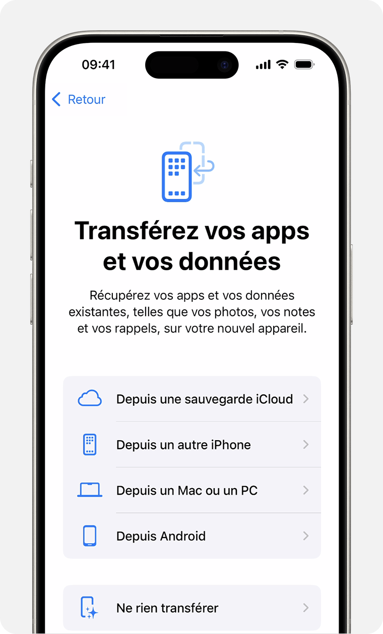 iPhone présentant les options de transfert de vos apps et données