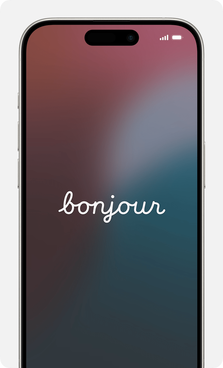 iPhone présentant l’écran Bonjour dans l’Assistant réglages