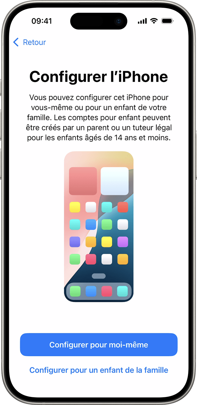 Lors du processus de configuration de l’iPhone sous iOS 18, vous pouvez choisir si le nouveau téléphone est pour vous ou pour un enfant de votre famille.