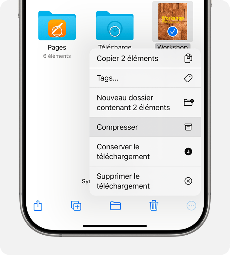 Les options supplémentaires affichées sont Copier 2 éléments, Tags, Nouveau dossier contenant 2 éléments, Compresser, Conserver le téléchargement et Supprimer le téléchargement.